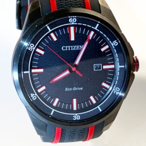 Citizen Eco Drive Men's Watch. Black & Red Dial with Matching Rubber Straps.