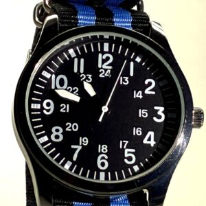 Men's Field Watch 42MM Black Sterile Dial. Polished Case Black/Blue Nylon Strap