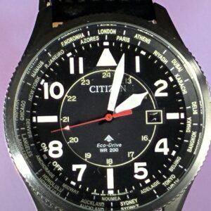 Citizen World Time Men's Eco-drive Solar Travel Watch. Black Dial. 44mm Leather